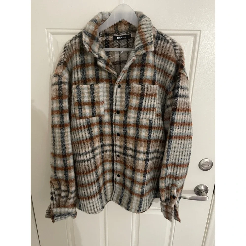 NovaMen Fashion Nova Plaid Fuzzy Shacket Mens Medium Brown Tan Blue Check Jacket